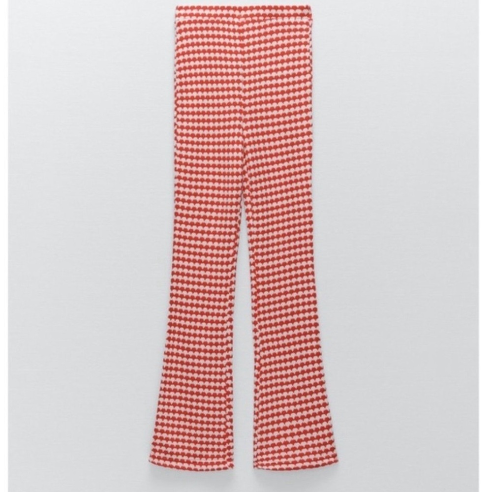 Zara red white knit high waisted flare stretchy pull on pants 70’s hippie retro - Picture 3 of 12